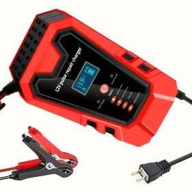 Smart 12V Car Battery Charger And Motorcycle Battery Maintainer, Easy To Operate, Full Power Self-stop, LCD Display, Battery Temperature Compensa (Color: Red)